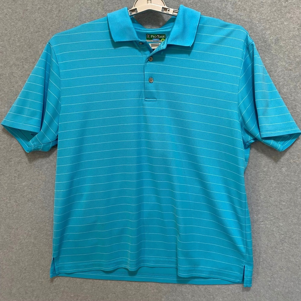 PRO TOUR Men's XL Polo Shirt Blue Striped Short Sleeve Golf Performance CoolPlay